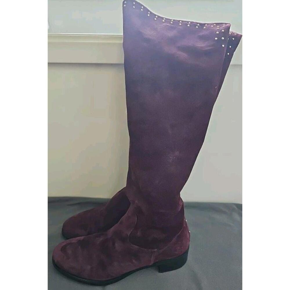 Russell and Bromley Suede Knee High Riding Boots Burgundy With Gold Studs Sz 8